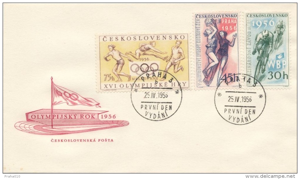 Czechoslovakia / First Day Cover (1956/05) Praha 3 (b): Cycling Peace Race, Melbourne Olympic Games, Women´s Basketball - Ete 1956: Melbourne