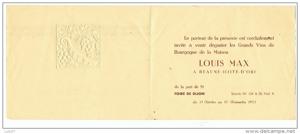 Ticket  D'entrée  10.5 Cm X 26 Cm   Dégustation  Bourgogne  1953   Louis Max - Bourgogne