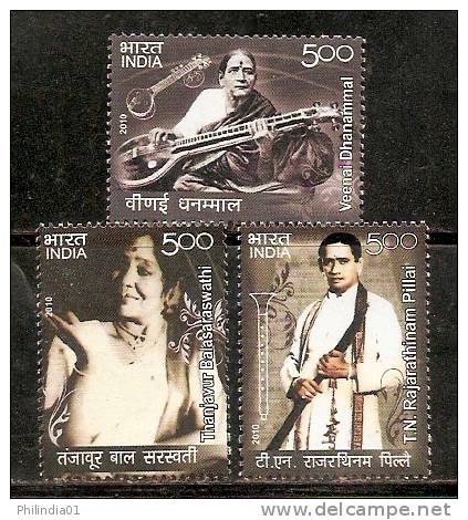 India 2010 Veenai Dhanammal Thanjavur Balasaraswati Rajarathinam PillaiMusical Instrument Veena Flute 3v MNH Inde Indien - Musique