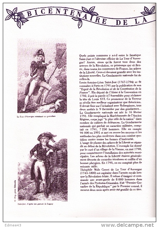 Encart Bloc-feuillet Bicentenaire Révolution Française, La Tour D'Auvergne, Saint-Just, Gendarmerie, Arbre Liberté,1991 - Révolution Française