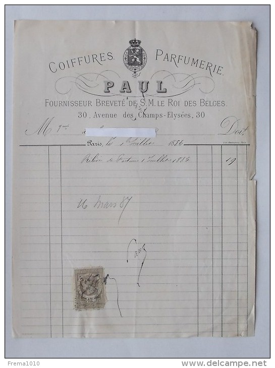 COIFFURE PARFUMERIE PAUL: Facture 1886 Fournisseur De S. M. Le Roi Des BELGES (Avenue Des Champs-Elysées) - 1800 – 1899