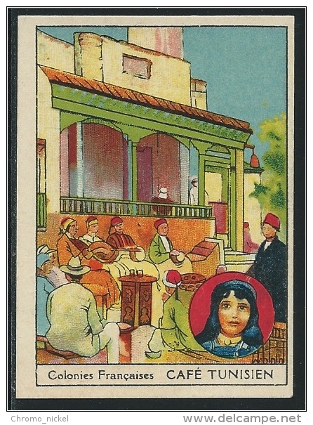 Chromo Tunisie Café Tunisien Colonies Françaises BON-POINT RR Pub:Harrys Dos Didactique 70 X 50 Mm TB - Autres & Non Classés