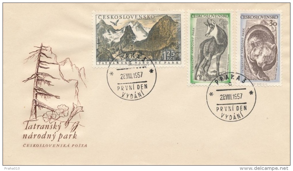 Czechoslovakia / First Day Cover (1957/12 B) Praha 3 (c): Tatra National Park (Rupicapra Rupicapra, Ursus Arctos) RR! - Variétés Et Curiosités