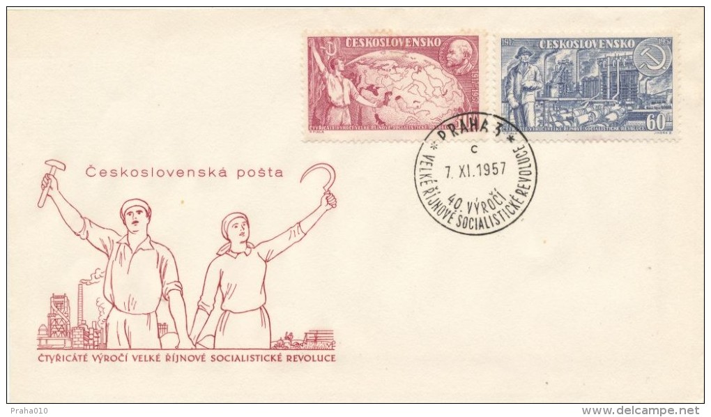 Czechoslovakia / First Day Cover (1957/17) Praha 3 (c): Great October Socialist Revolution, V. I. Lenin, Blast Furnace - Guerre Mondiale (Première)