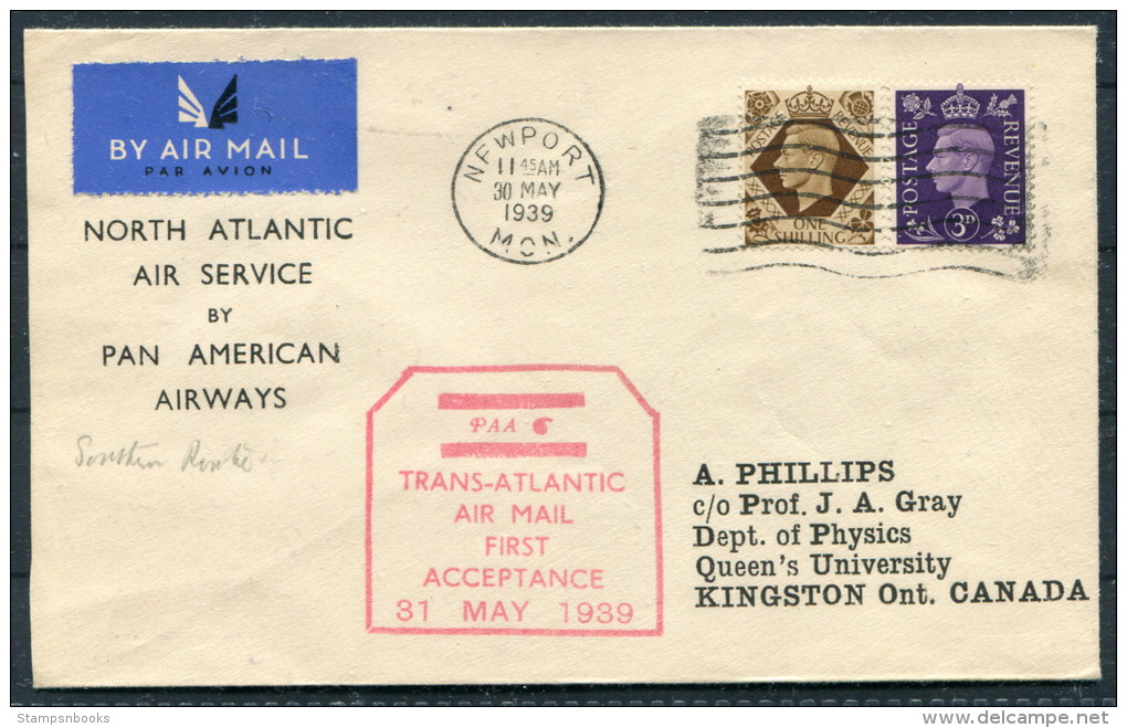 1939 GB Newport Wales North Atlantic Air Service Pan American Flight Cover - Southern Route - Canada - RED Cachet - Covers & Documents