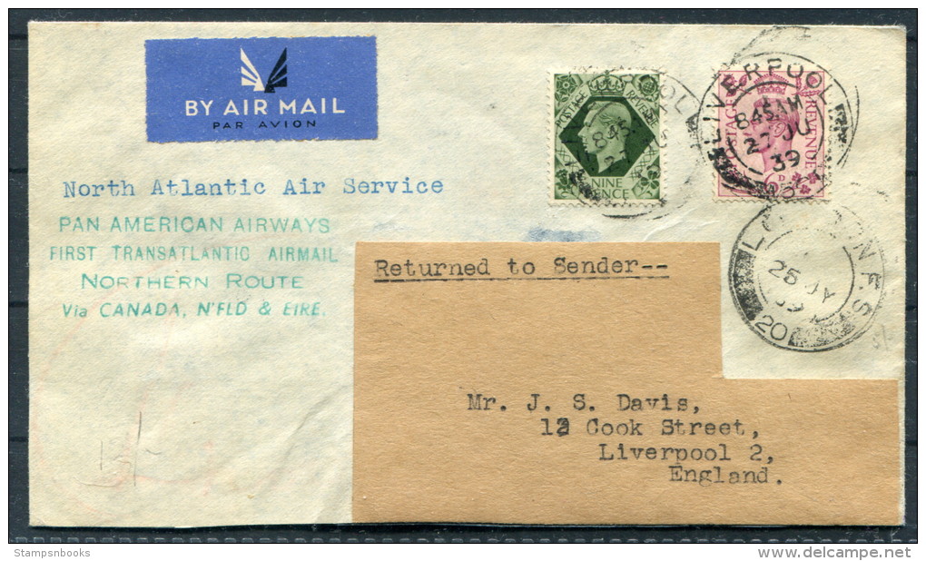 1939 GB Liverpool North Atlantic Air Service Pan American Flight Cover - Northern Route Canada Botwood Newfoundland Eire - Covers & Documents