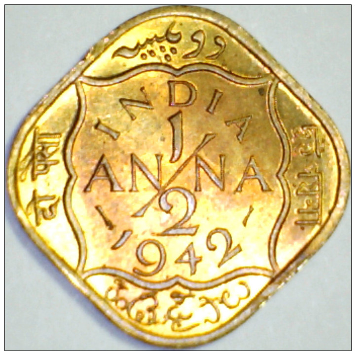 1942, BRITISH INDIA, UNCIRCULATED/BU - 1/2 ANNA BRASS COIN  *SEE PHOTOS* - Colonies