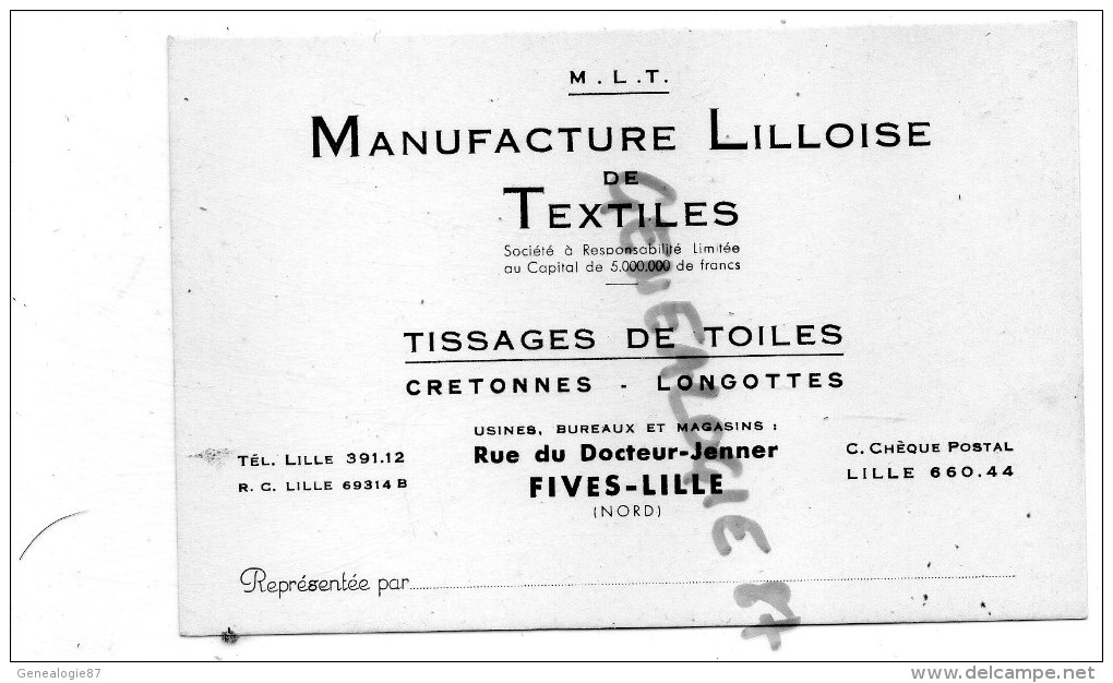 59 -  FIVES LILLE- CARTE MANUFACTURE LILLOISE DE TEXTILES - TISSAGE DE TOILES LONGOTTES- RUE DU DOCTEUR JENNER - Altri & Non Classificati