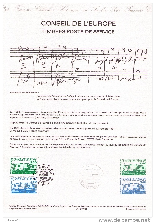 Beau Document Philatélique Officiel, Conseil De L´Europe, Timbres-poste De Service, 1987 - European Community