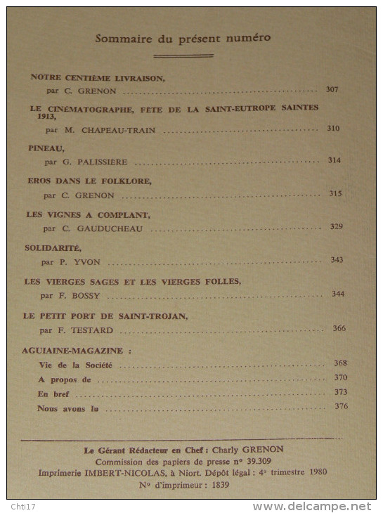 AGUIAINE  ET SUBIOCHON TOME XIIII  6 N°  ANNEE COMPLETE 1980 / MOULIN MEURSAC /  LOULAY / ILE OLERON / KER ILE D YEU / - Poitou-Charentes