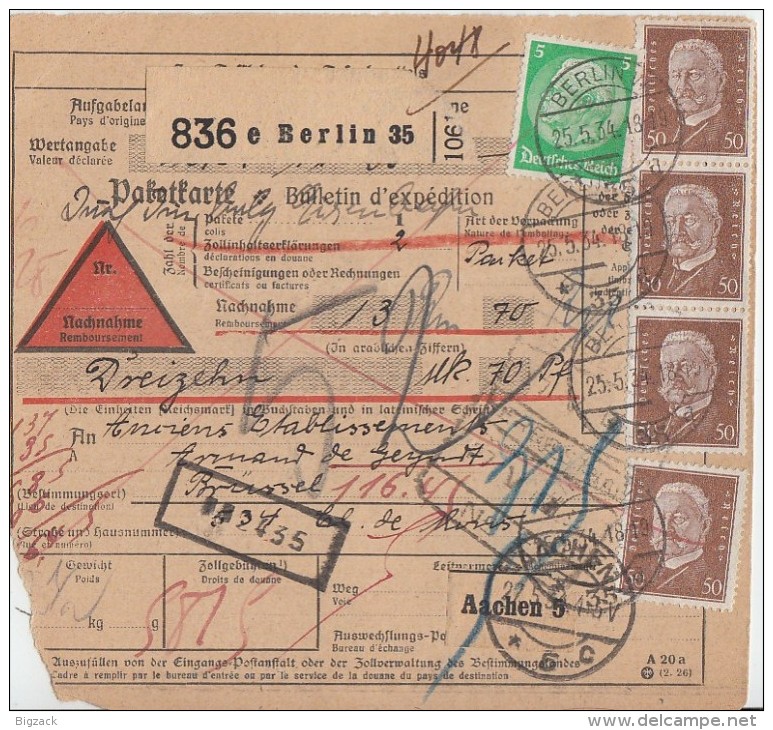 DR Paketkarte Mif Minr.4x 420,468 Berlin 25.5.34 Gel. Nach Belgien - Briefe U. Dokumente