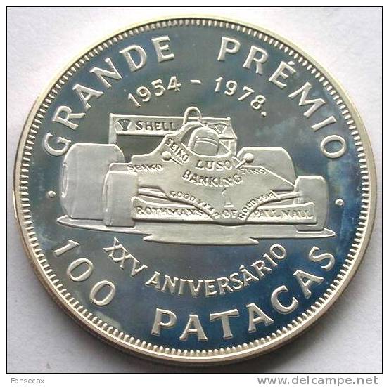 VF MACAO  – RARE SILVER 100 PATACAS UNC 1978 XXV ANIVERSÁRIO GRANDE PRÉMIO PUBLICIDADE - Macao