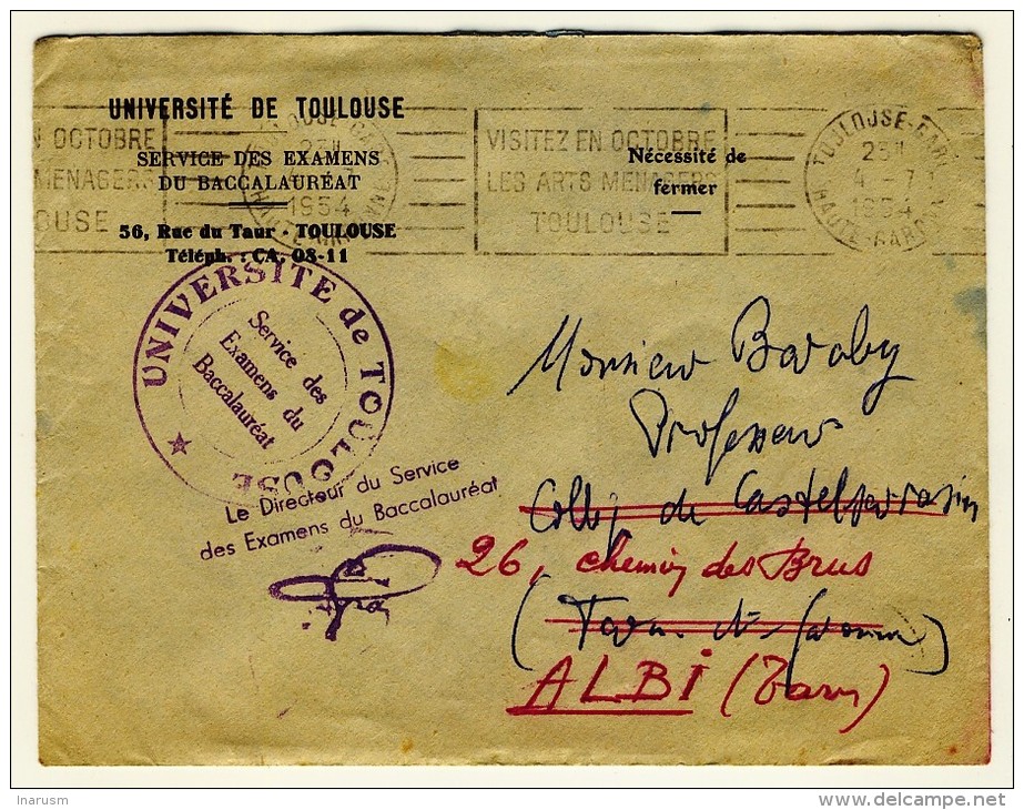 FRANCHISE POSTALE  -  " Université De Toulouse / Service Baccalauréat " -  " TOULOUSE-GARE /  1954 " - 1921-1960: Période Moderne