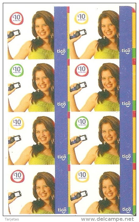 TARJETA DE HONDURAS DE TIGO DE 10 LEMPIRAS X 8 TARJETAS DE UNA CHICA CON MOVIL - Honduras