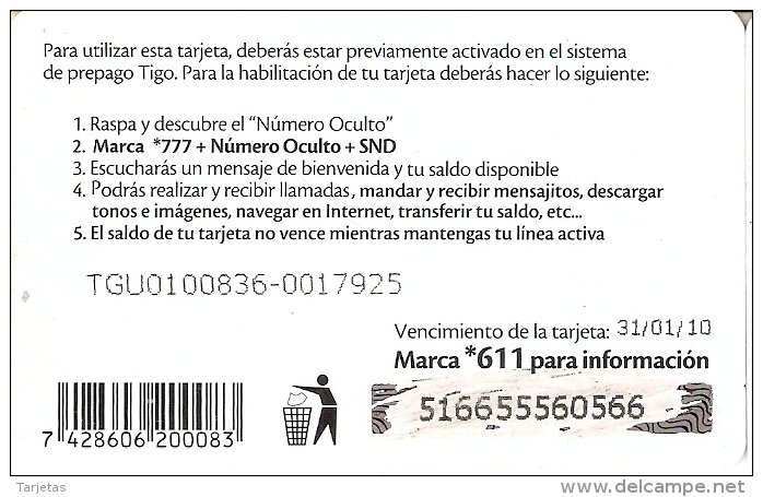 TARJETA DE HONDURAS DE 100 LEMPIRAS DE TIGO INTERNET MOVIL (numeros Código Grandes) - Honduras