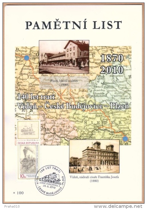 Czech Rep. / Commemorative Sheet (PaL 2010/02) Ceske Budejovice 2: 140 Years Railway Line Vienna-Czech Budejovice-Plzen - Blocs-feuillets