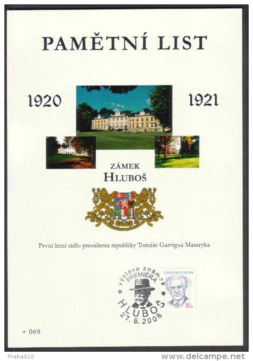 Czech Rep. / Commemorative Sheet (PaL 2008/04) Hlubos: Hlubos Castle, First Summer Residence Pres. Tomas G. Masaryk - Blocks & Sheetlets