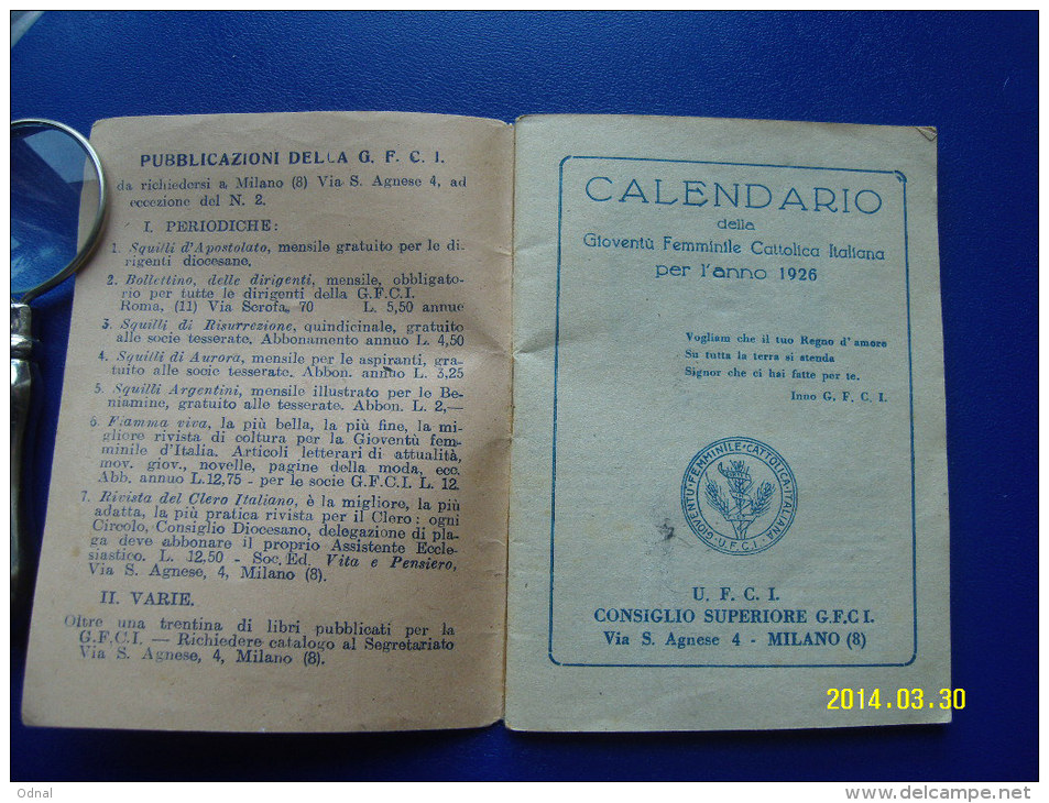 CALENDARIO  DEL 1926  FORMATO PICCOLO  DELLA GIOVENTU' FEMMINILE CATTOLICA ITALIANA - Tamaño Pequeño : 1921-40