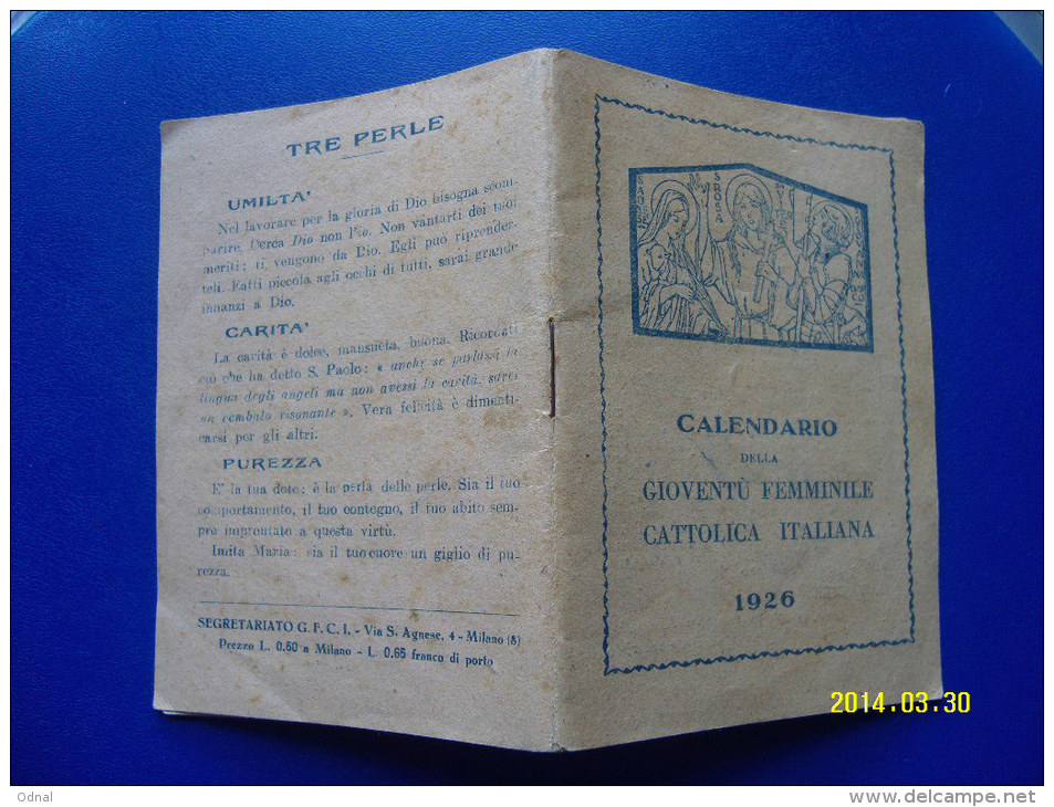 CALENDARIO  DEL 1926  FORMATO PICCOLO  DELLA GIOVENTU' FEMMINILE CATTOLICA ITALIANA