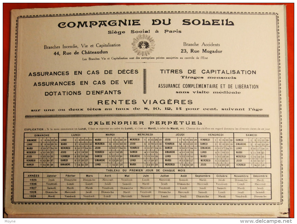 Publicité Cartonnée -  COMPAGNIE DU SOLEIL  ASSURANCES PARIS  - 1925  Calendrier PERPETUEL  - SUPERBE - Targhe Di Cartone