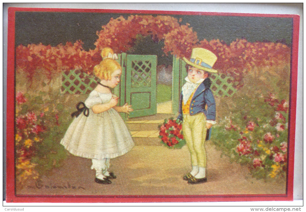 CPA Litho Illustrateur COLOMBO ULTRA MGA M.G.A. DUO ENFANT Elegant Bouquet Fleur Dans Parc - Colombo, E.