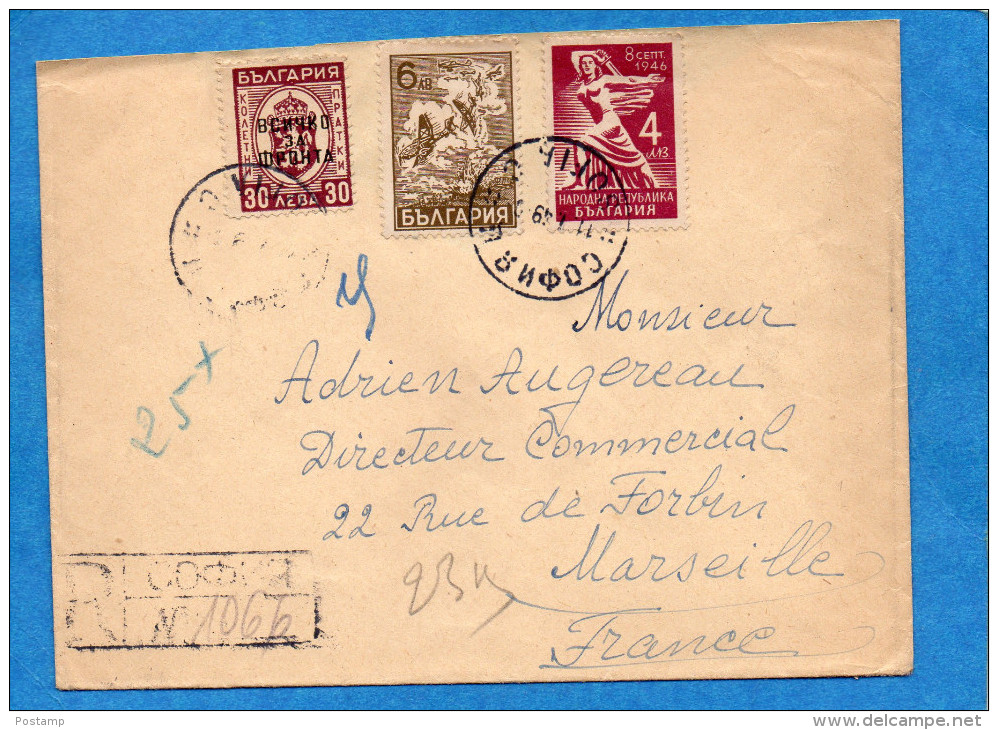 MARCOPHILIE-lettre-REC -BULGARIE Cad Ja 1949-afft 3 Stamps N°481+494+N°14 Guerre -pour Françe - Lettres & Documents