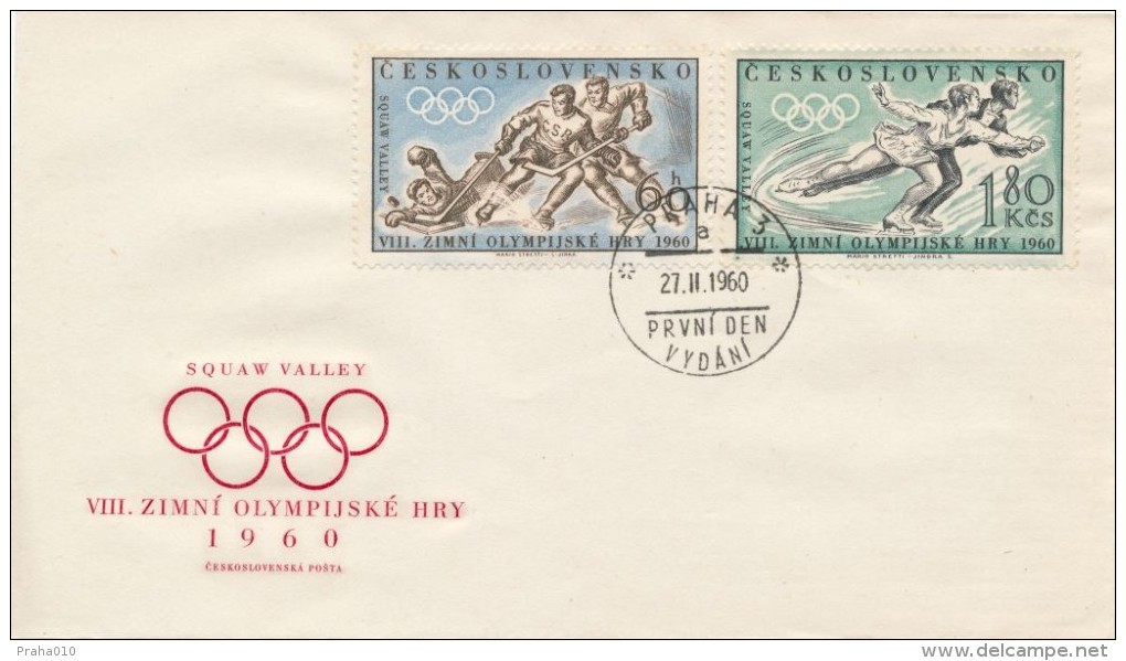 Czechoslovakia / First Day Cover (1960/03), Praha 3 (a) - Theme: Hockey, Figure Skating (Olympic Games 1960 Squaw Valley - Winter 1960: Squaw Valley