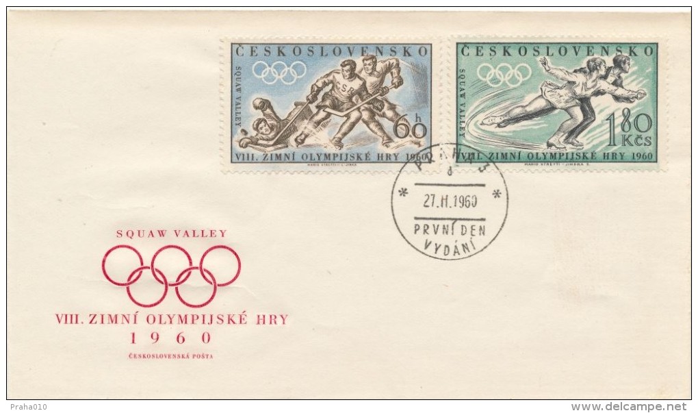 Czechoslovakia / First Day Cover (1960/03), Praha 3 (d) - Theme: Hockey, Figure Skating (Olympic Games 1960 Squaw Valley - Inverno1960: Squaw Valley