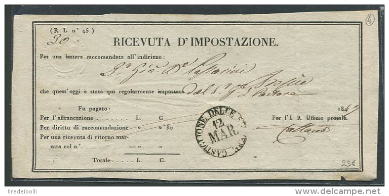 1847   RARA  RICEVUTA  D'IMPOSTAZIONE  DI  CASTIGLIONE DELLE STIVIERE      MANTOVA - 1. ...-1850 Prefilatelia