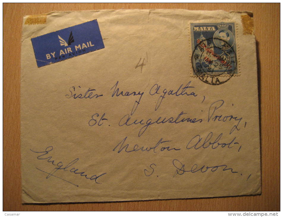 MALTA 1951 To Devon England Air Mail Cover British Colonies GB UK - Malte (...-1964)