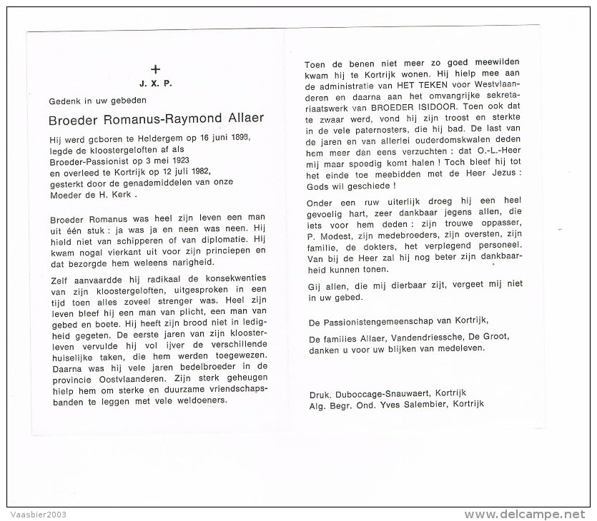 HELDERGEM - KORTRIJK , Doodspr. Van  BROEDER Romanus ALLAER  + 1982 - Documents Historiques