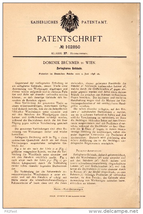 Original Patentschrift - Dominik Brümmer In Wien , 1896, Zerlegbares Gebäude , Baracke , Hausbau , Hütte , Bau , Hochbau - Architectuur