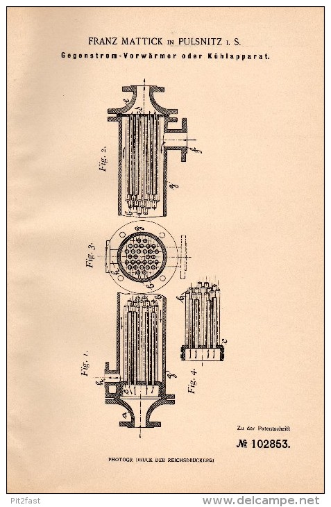 Original Patentschrift - Franz Mattick In Pulsnitz I.S. , 1897 , Kühlapparat , Eismaschine , Eis , Klimaanlage !!! - Pulsnitz