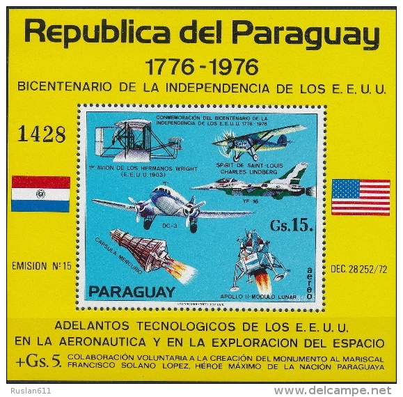 Airships 1975 Paraguay Bl 261 MNH ** Airplanes Space Apollo-11 Mercury F-16 - Airships