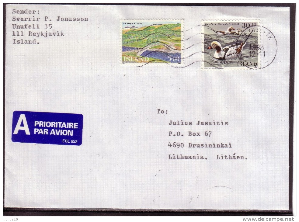 Iceland 1993 Airmail Cover To Lithuania – Birds Bridge #4235 - Brieven En Documenten