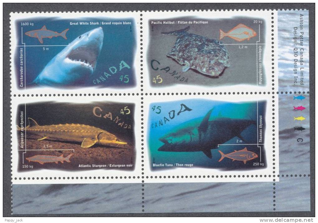 Canada 1997  # 1644a Corner Inscription Se-Tenant BLOCK  Ocean Water Fish MNH Lower Right , Upper Right OR Lower Left - Blocs-feuillets