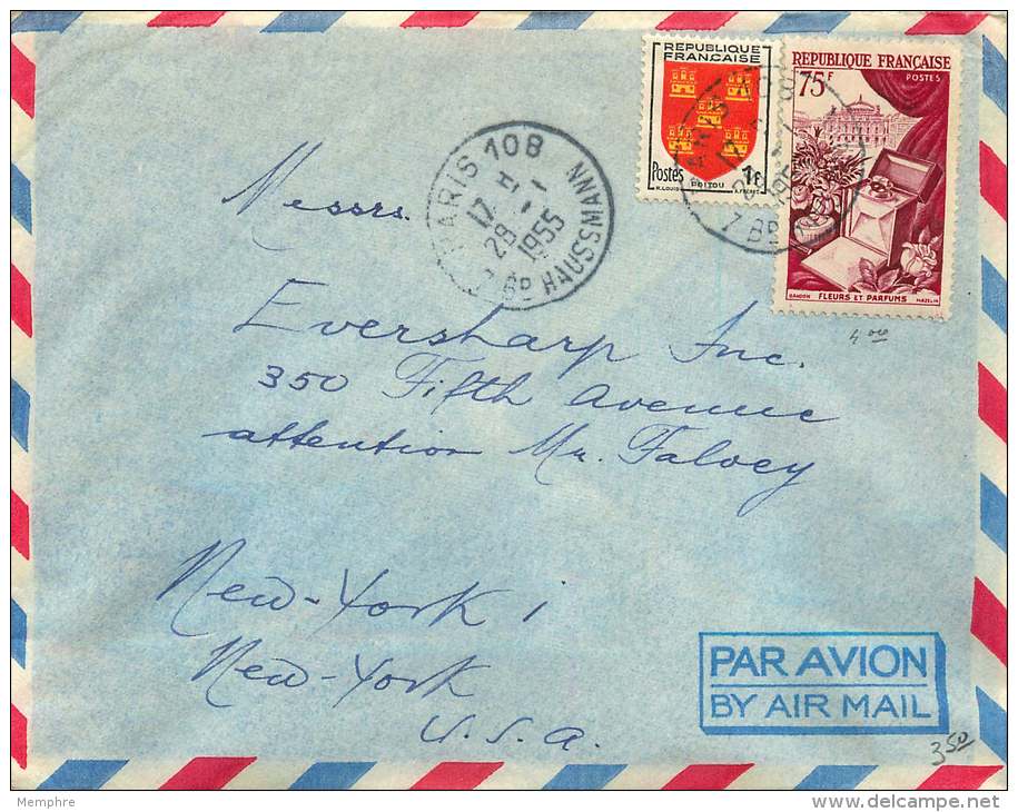 1955  Lettre Avion De France Pour Les USA  75fr Fl;eurs Et Parfums, Blason Poitou Yv 974, 952 - Covers & Documents