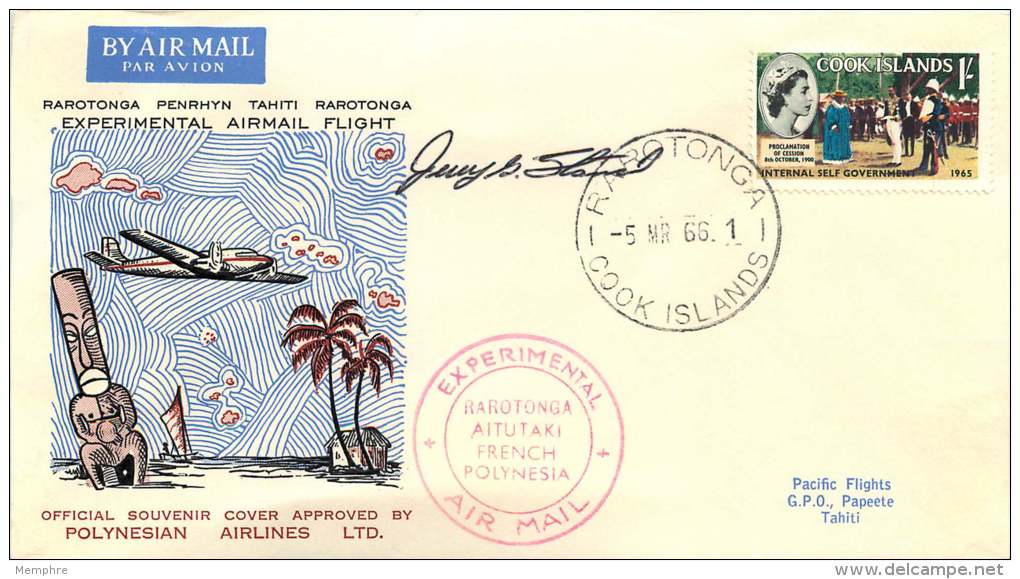 1966  Raratonga - Penrhyn - Tahiti  Experimental Flight  Signed By Pilot - Cook Islands