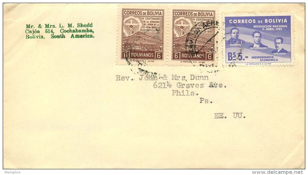 1952  Letter To The USA  Sc 339 X2, 383 - Bolivien