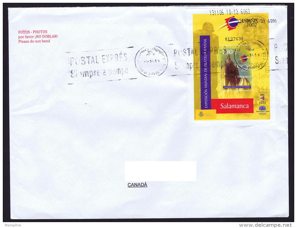 2002  Bloc Feuillet Exposition Mondiale De Philatélie Jeunesse Sur Lettre Pour Le Canada - Covers & Documents