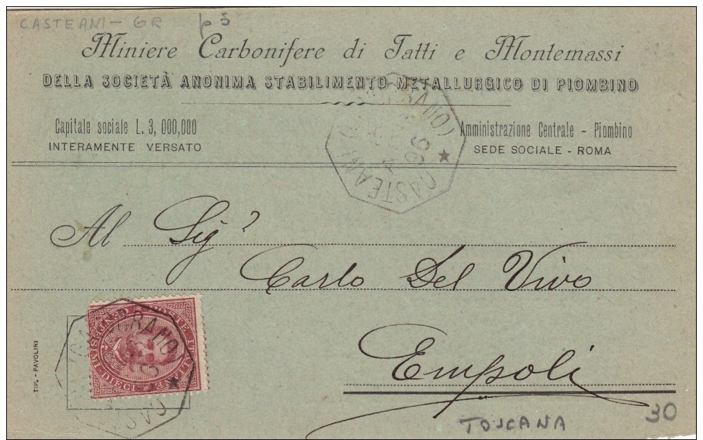 Miniere Carbonifere Di Tatti E Montemassi , Testatina Da Casteani Ad Empoli 1896. RARITA; - Other & Unclassified