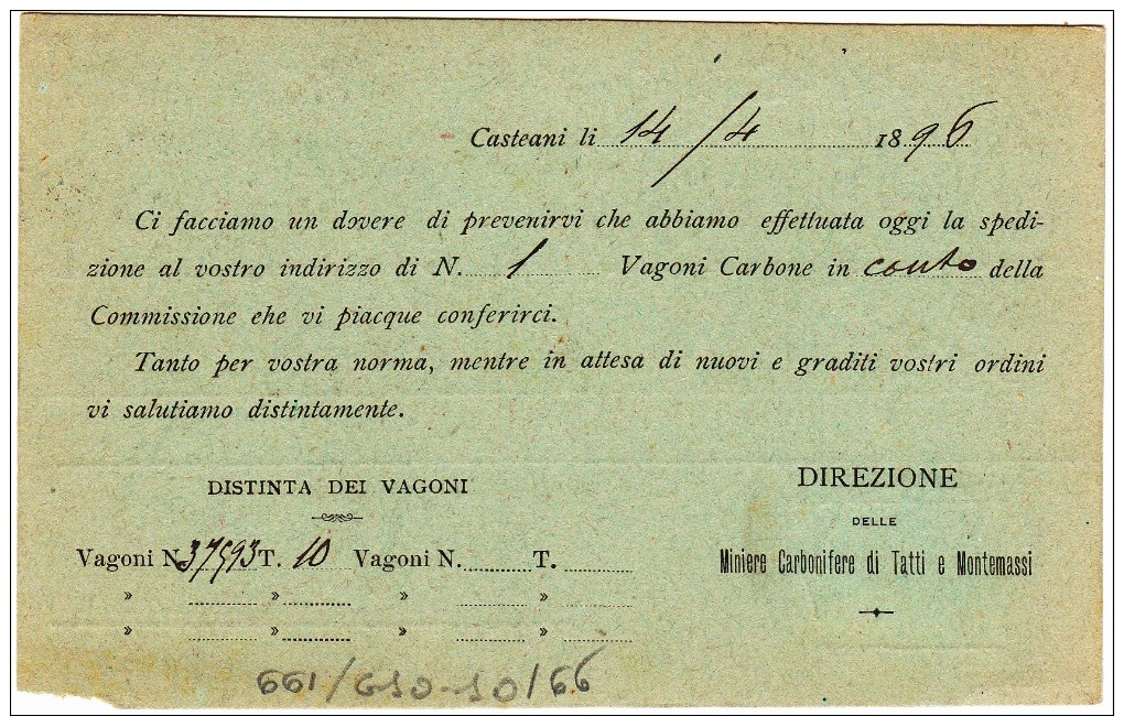 Miniere Carbonifere Di Tatti E Montemassi , Testatina Da Casteani Ad Empoli 1896. RARITA; - Other & Unclassified