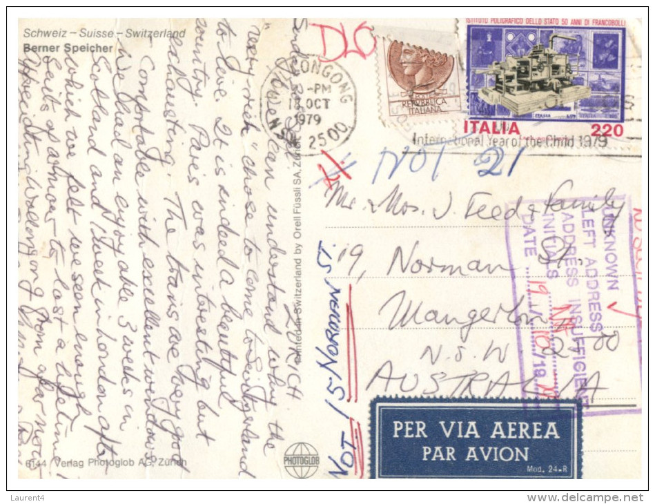 (PH 31) RTS Or DLO Postcard - Switzerland To Australia - Berner Speicher (but Posted From Italy) - Speicher