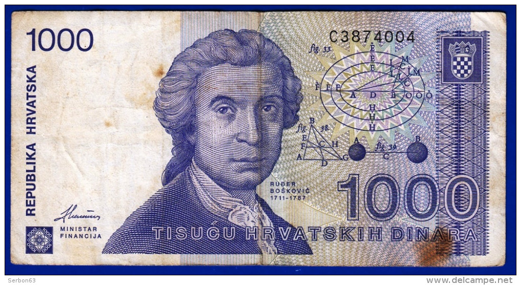 MONNAIE BILLET CROATIE CROATE REPUBLIKA HRVATSKA ZAGREB 8 LISTOPADA 1991 - 1000 TISUCU HRVATSKIH DINARA C 3874004 USAGE - Croatia