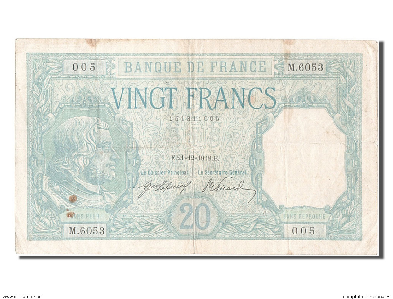 Billet, France, 20 Francs, 20 F 1916-1919 ''Bayard'', 1918, 1918-12-21, TTB - 20 F 1916-1919 ''Bayard''