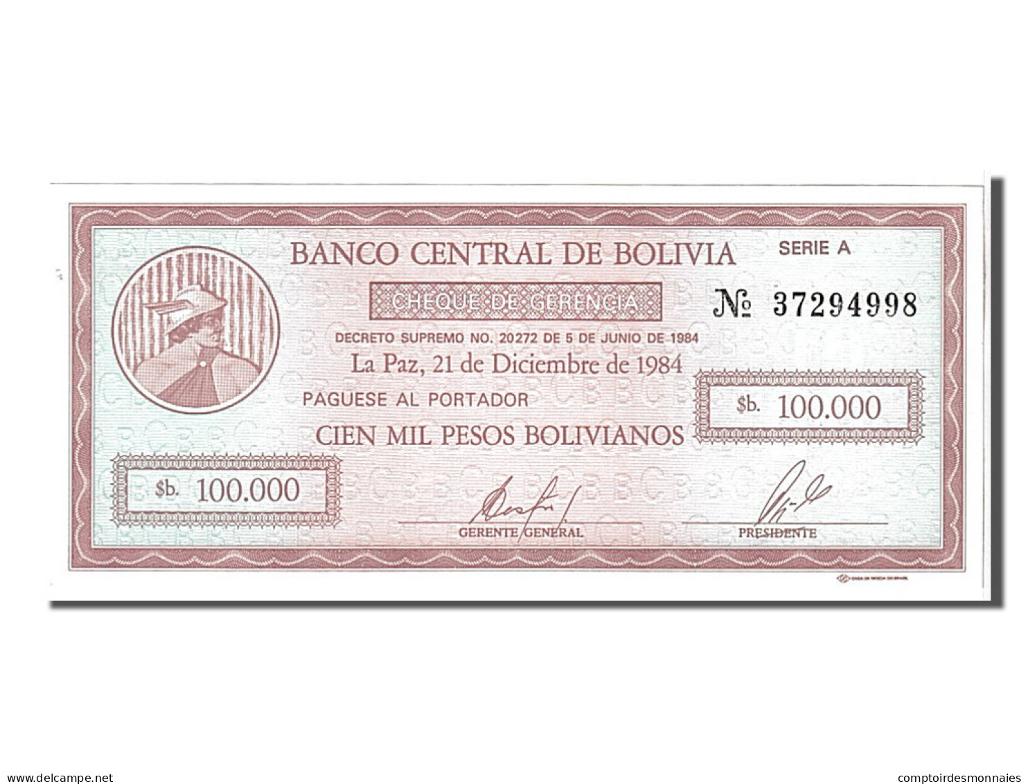 Billet, Bolivie, 100,000 Pesos Bolivianos, 1984, KM:188, NEUF - Bolivien