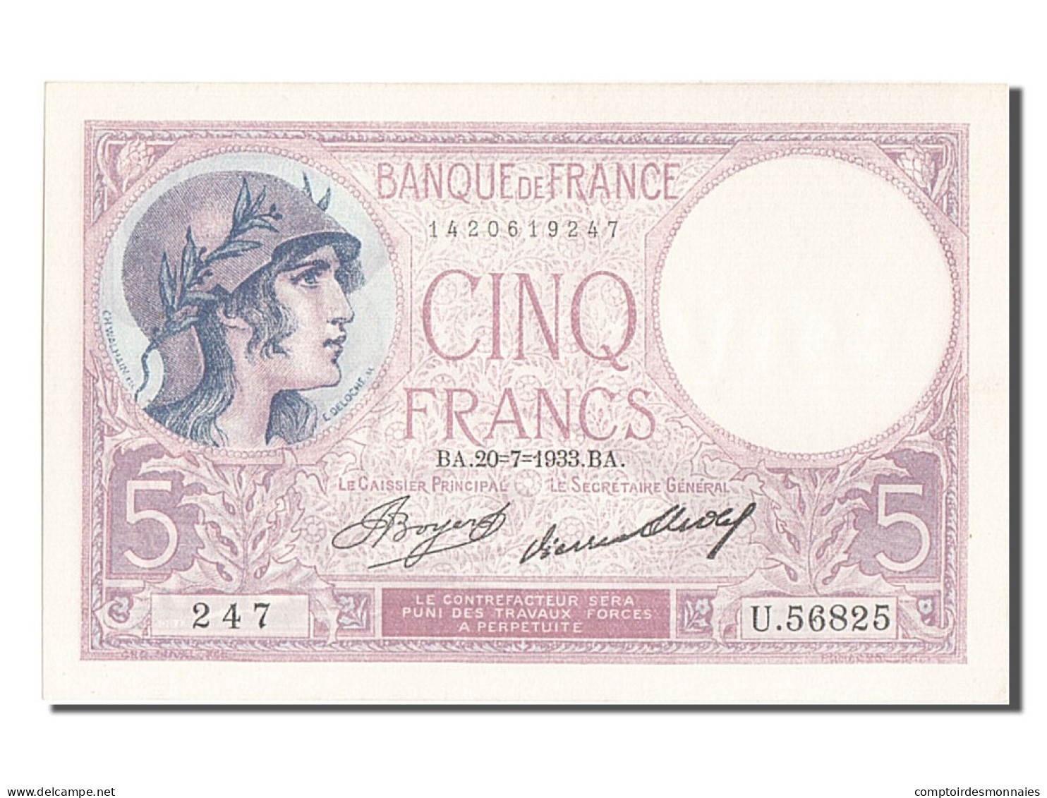 Billet, France, 5 Francs, 5 F 1917-1940 ''Violet'', 1933, 1933-07-20, SUP+ - 5 F 1917-1940 ''Violet''