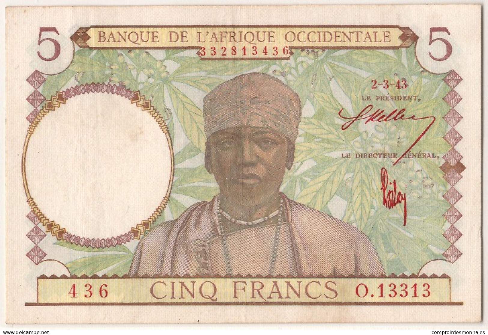 Billet, French West Africa, 5 Francs, 1943, 1943-03-02, SUP - Altri – Africa