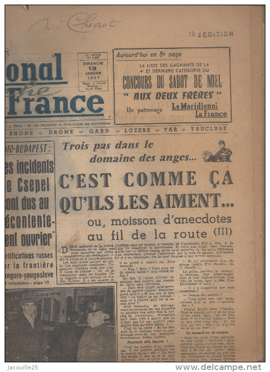 JOURNAL PRESSE  LE MERIDIONAL LA FRANCE 13 JANVIER 1957 - Autres & Non Classés