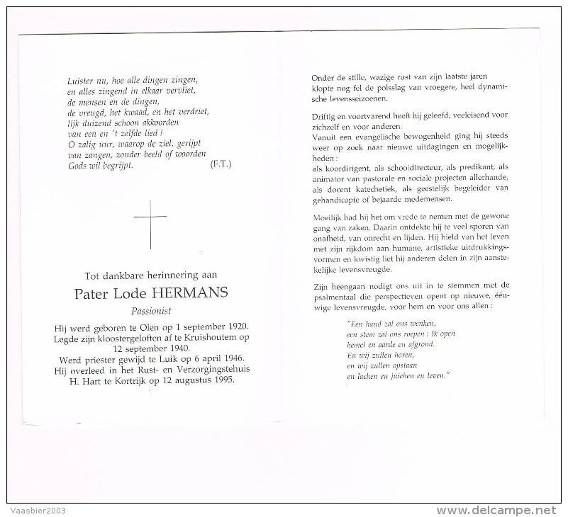 OLEN - KRUISHOUTEM - KORTRIJK   , Doodsprentje Van PATER Lode HERMANS  + 1995 - Historical Documents